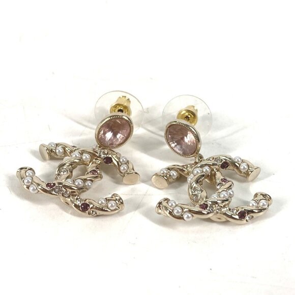 CHANEL Pink Pearl Logo Earrings